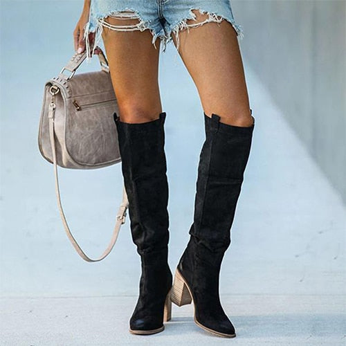 Women Suede Knee High Boots Ladies Solid Pointed Toe Tall Boots Retro Roman High Heels Shoes 2022 Female Autumn Winter Long Boot - ladieskits - Boot