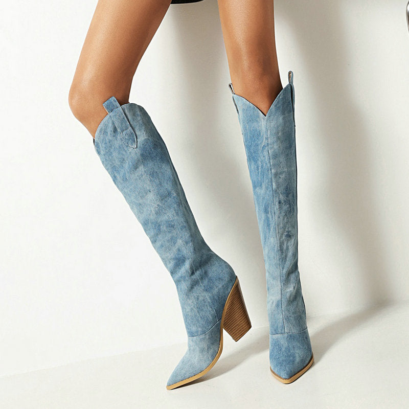 2022 Fashion Denim Western Women Knee High  Boots Wedges High Heel Cowboy Boots Slip On Autumn Winter Woman Shoes Big Size 34-43 - ladieskits - 