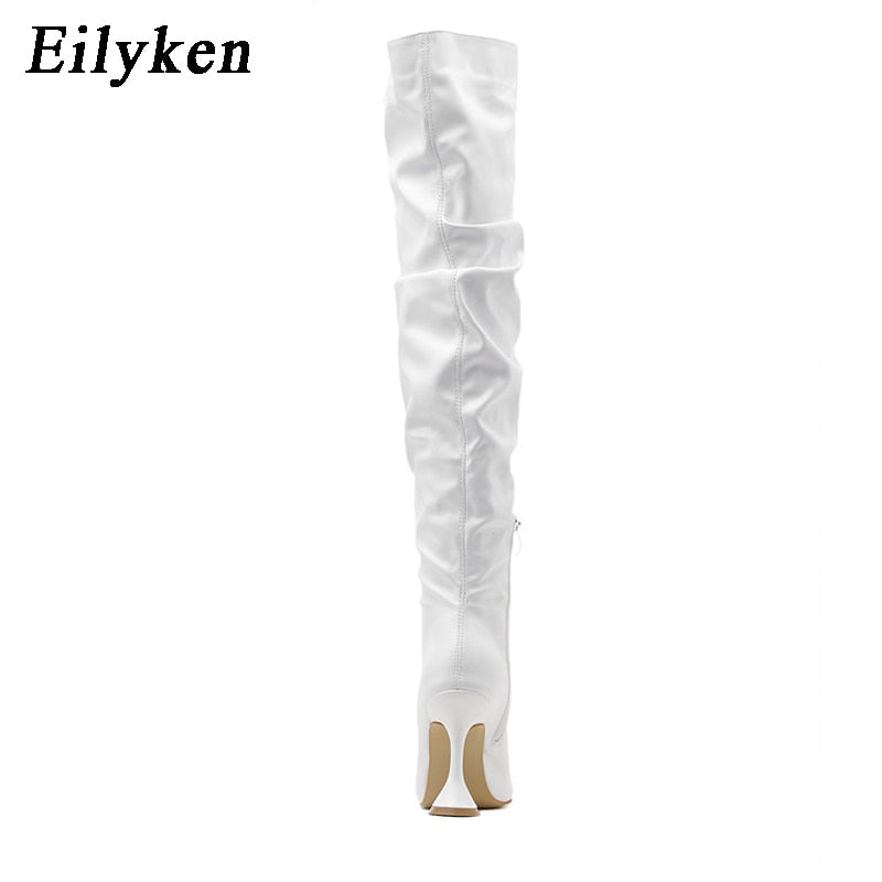 Eilyken New Design Pleated Leather Over The Knee Boots Fashion Runway Strange High Heels Sexy Pointed Toe Zip Womans Shoes - ladieskits - Boot