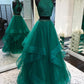 Illusion Two Piece Long Hunter Green Prom Dress with Delicate Beading Top ,GDC1108