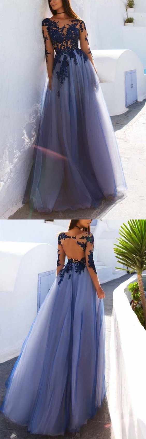 Blue Lace See Through Tulle Long Formal Prom Dress with Sleeves,GDC1226
