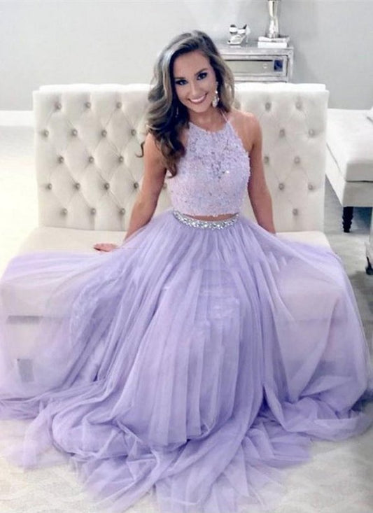 Lavender Two Piece Long Prom Dress for Teens