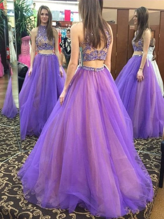 Lavender Prom Dress Tulle Ball Gown Prom Dress Two Piece Prom Dress Long MA083