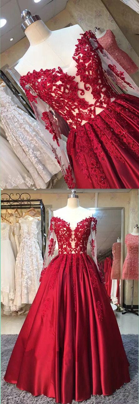 Ball Gown Prom Dress,Red Prom Dress,Off Shoulder Prom Dress, Long Sleeve Prom dress,MA008