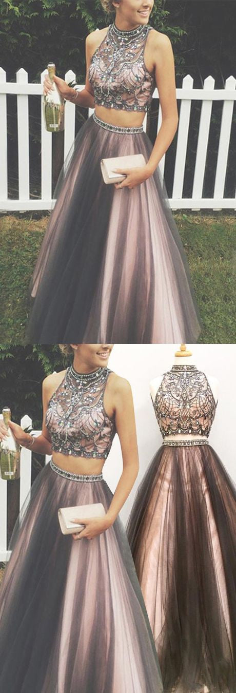 Brown Two Piece Prom Dress Long Prom Dress Poofy Prom Dress for Teens,MA014