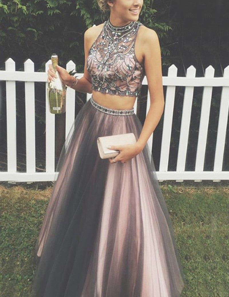 Brown Two Piece Prom Dress Long Prom Dress Poofy Prom Dress for Teens,MA014