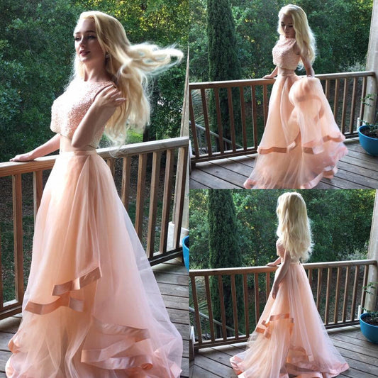 Peach Prom Dress Two Piece Prom Dress Long Freshman Homecoming Dress MA036