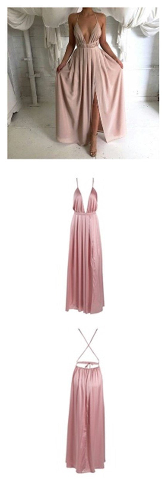 Backless Prom Dress,Dusty Pink Prom Dress,Spaghetti Straps Prom Dress,Sexy Prom Dress,MA047