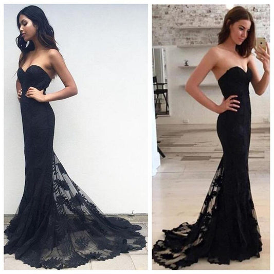 Black Prom Dress,Lace Prom Dress,Strapless Prom Dress,Long Prom Dress,MA056