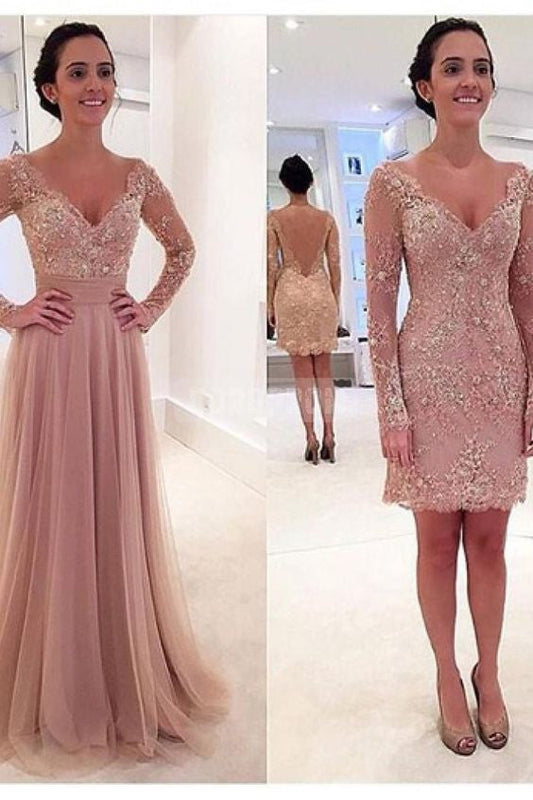 Dusty Pink Prom Dress, Prom Dress With Detachable Train, Long Sleeve Prom Dress ,Long Prom Dress,MA078