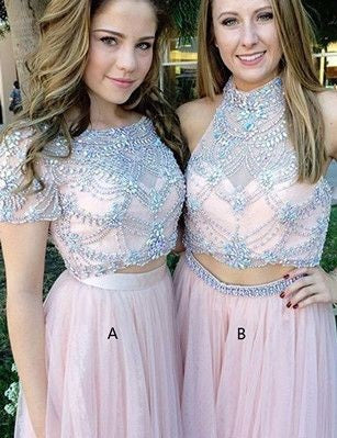 Pink Two Piece Long Prom Dress with Short Sleeves Prom Dress For Freshman Modest Prom Dress,MA084