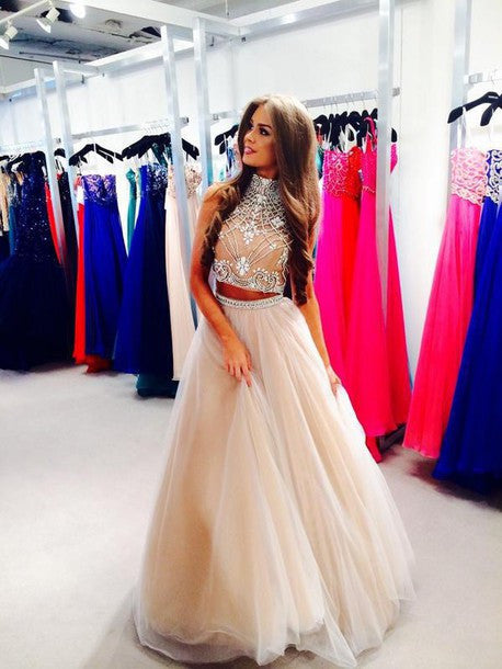 Champagne Prom Dress,Two Piece Long Prom Dress,Ball Gown Prom Dress,Halter Tulle Prom Dress,MA088
