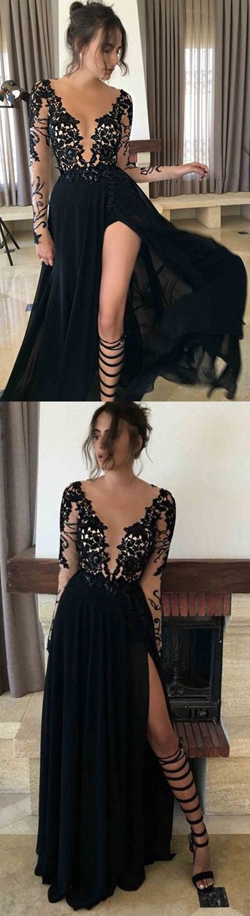 Robe de bal noire, robe de bal avec manches, robe de bal sexy, voir à travers la robe de bal, MA141