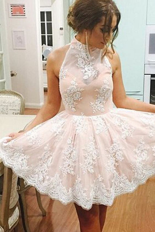 Dusty Pink Prom Dress,Short Prom Dress,Lace Prom Dress,Juniors Prom Dress,MA164