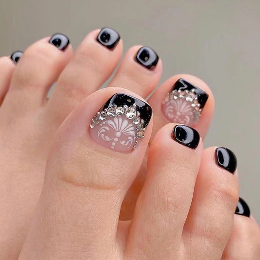 Bettycora Luxury White Flower Black French Tip Toe Nails