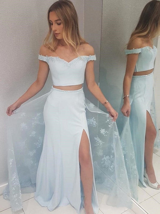 Pale Blue Fit Off the Shoulder Lace Two Piece Long Prom Dress with Side Slit,20081625