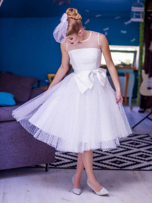 Robe de mariée courte Rockabilly à pois abordable avec reliure en satin, robe de mariée style pin-up des années 50, 20110631 