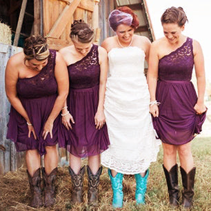 Purple Lace One Shoulder A-line Rustic Country Chiffon Bridesmaid Dresses with Cowgirl Boots,GDC1501