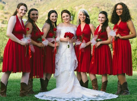 Red Chiffon Country Halter Neck Bridesmaid Dresses Short with Cowboy Boots,GDC1510