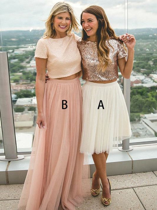 Romantic Short Sleeve Rose Pink Mismatched Two Piece Bridesmaid Dresses with Tulle Skirts,20081816
