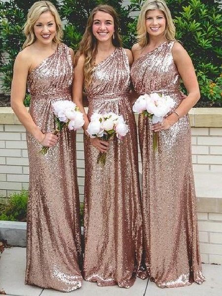 Rose Gold One Shoulder Bridesmaid Dresses Long Sequin Bridesmaid Dresses FS100