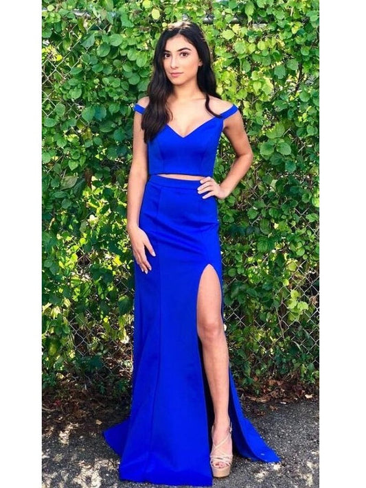 Royal Blue Off the Shoulder Two Piece Long Formal Prom Dress,20082013