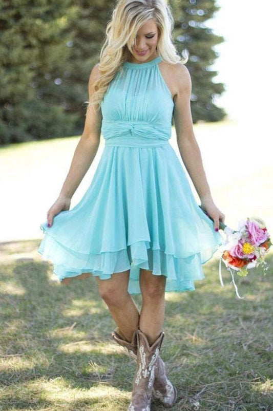 Rustic Sophisticated Halter Blue Chiffon Short Bridesmaid Dress with Boots,20081609