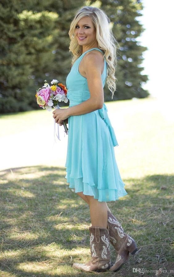 Rustic Sophisticated Halter Blue Chiffon Short Bridesmaid Dress with Boots,20081609