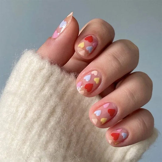 Cute Heart Multicolor Short Squoval Press On Nails
