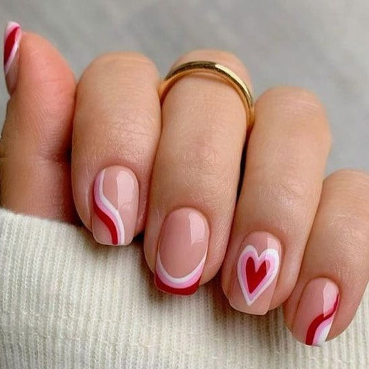 Wave Line Heart Multicolor Short Squoval Press On Nails