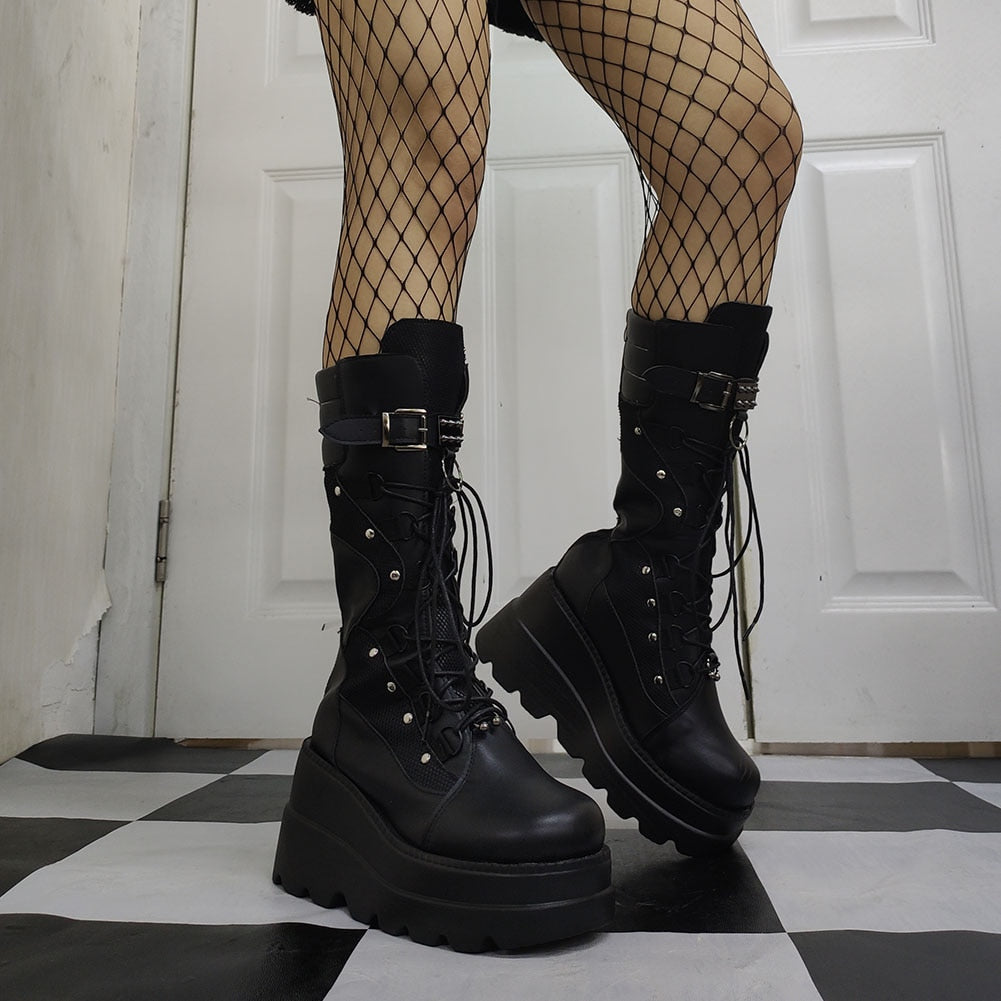Brand Design Gothic Ladies High Platform Boots Fashion Rivet Goth High Heels Boots Women Cosplay Wedges Punk Shoes Woman - ladieskits - Boot