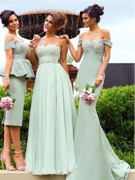 Stilvolle, nicht übereinstimmende Brautjungfernkleider in Salbeigrün Brautjungfernkleider in verschiedenen Stilen, 711086