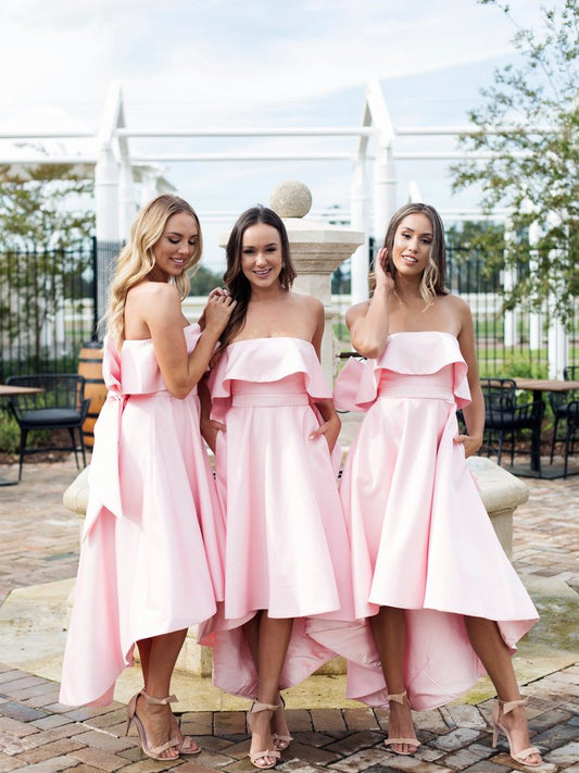 Trending Pink Strapless Hi-Lo Bridesmaid Dresses with Chic Bow Back,GDC1002