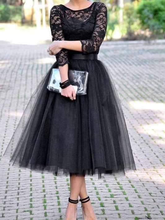 Zweiteiliges Brautjungfernkleid mit Tüllrock, schwarzes, wadenlanges Brautjungfernkleid mit Ärmeln, schwarzes Ballkleid, FS081