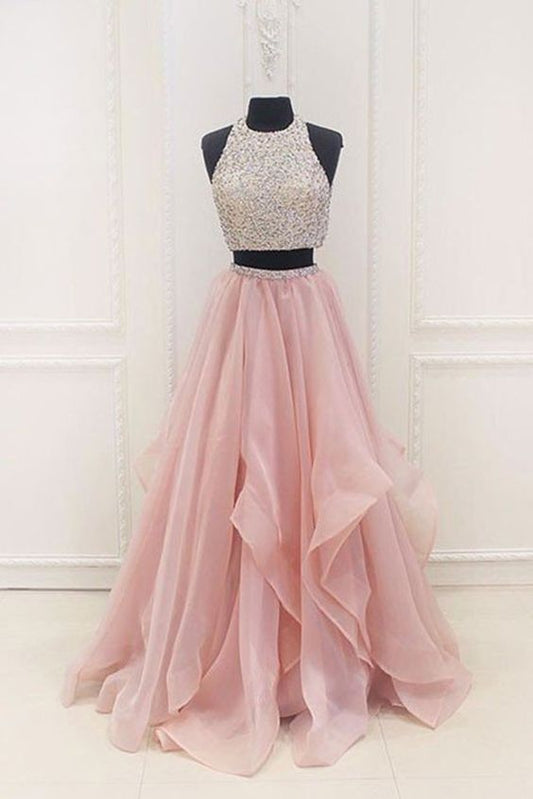Dazzling Halter Organza Pink Two Piece Long Prom Dress Graduation Sweet 16 Dress,GDC1216