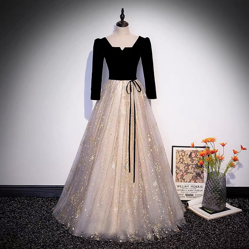 Unique Black Velvet Prom Dress with Glitter Bottom