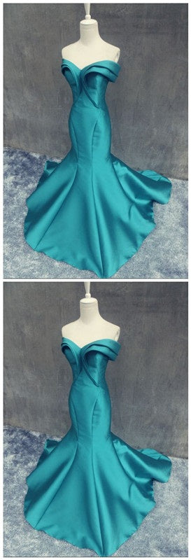 Robe de bal sirène turquoise unique à épaules dénudées, 21121012