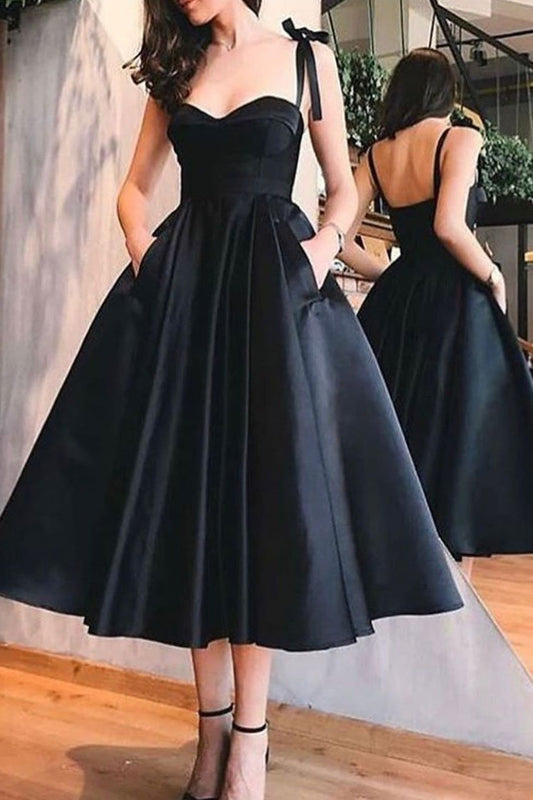 Robe de bal noire longueur thé d'inspiration vintage des années 50 avec poches, robe de demoiselle d'honneur style années 50, 081619 