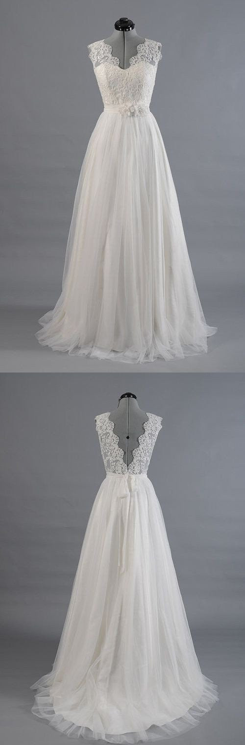Une ligne de mariage, robe de mariée romantique, robe de mariée en dentelle, robe de mariée dos nu, WD009