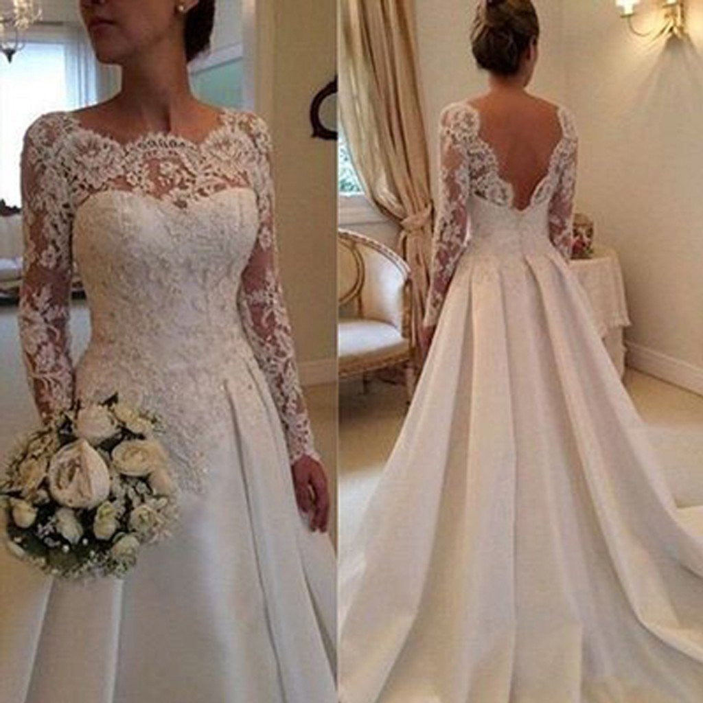 Long Sleeve Wedding Dress Lace Top Wedding Dress Low Back Wedding Dress Unique Wedding Dress WS021