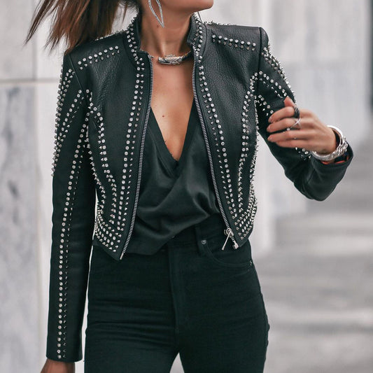 Women Slim Sexy PU Leather Jacket Rivet Zipper Long Sleeve - ladieskits - 0