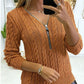 Knitted twist V-neck zipper long-sleeved sweater women - ladieskits - sweatshirt vs sweater