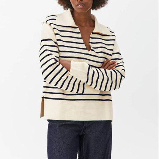 Knitted Women Black White Plaid Long Sleeve Sweater V-neck