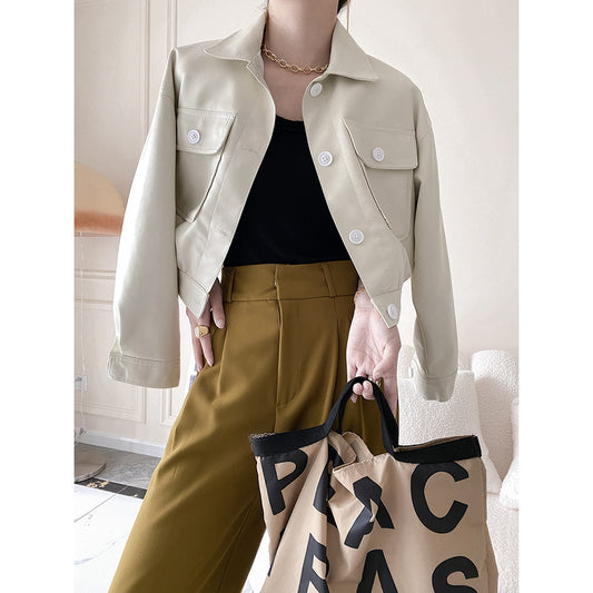 Black Long Sleeve Lapel Collar Leather Short Loose Waist Jacket Women Trendy - ladieskits - 0