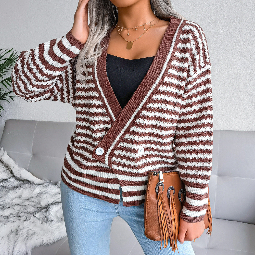 Autumn And Winter V Neck Design Striped Long Sleeved Knitted Sweater