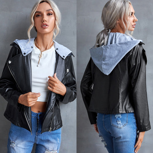 Motorcycle Leather Hooded Removable Side Zip Casual PU Jacket Women - ladieskits - 4