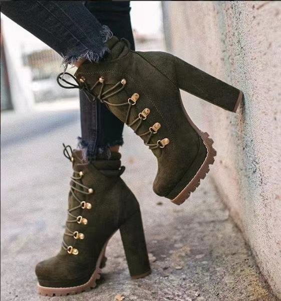 Heeled Boots For Women Round Toe Lace UP High Heels Boots Mid Calf Shoes - ladieskits - 4