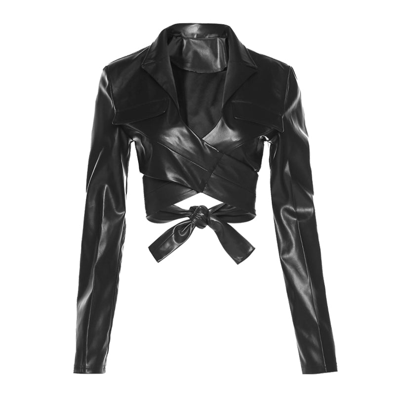 Cross StrapsWaist And ChestLong-sleeved Pu Leather Short Jacket Women - ladieskits - 0