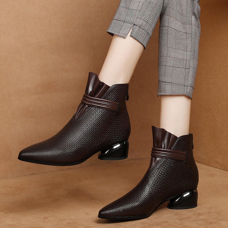 New Thick Heel Round Toe Soft Leather Plus Size Fashion Short Boots Women - ladieskits - 0
