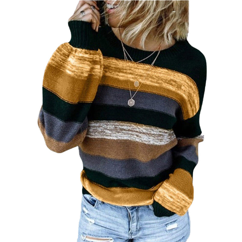 Round Neck Contrast Stitching Long-sleeved Loose Striped Knitted Sweater Women - ladieskits - sweatshirt vs sweater